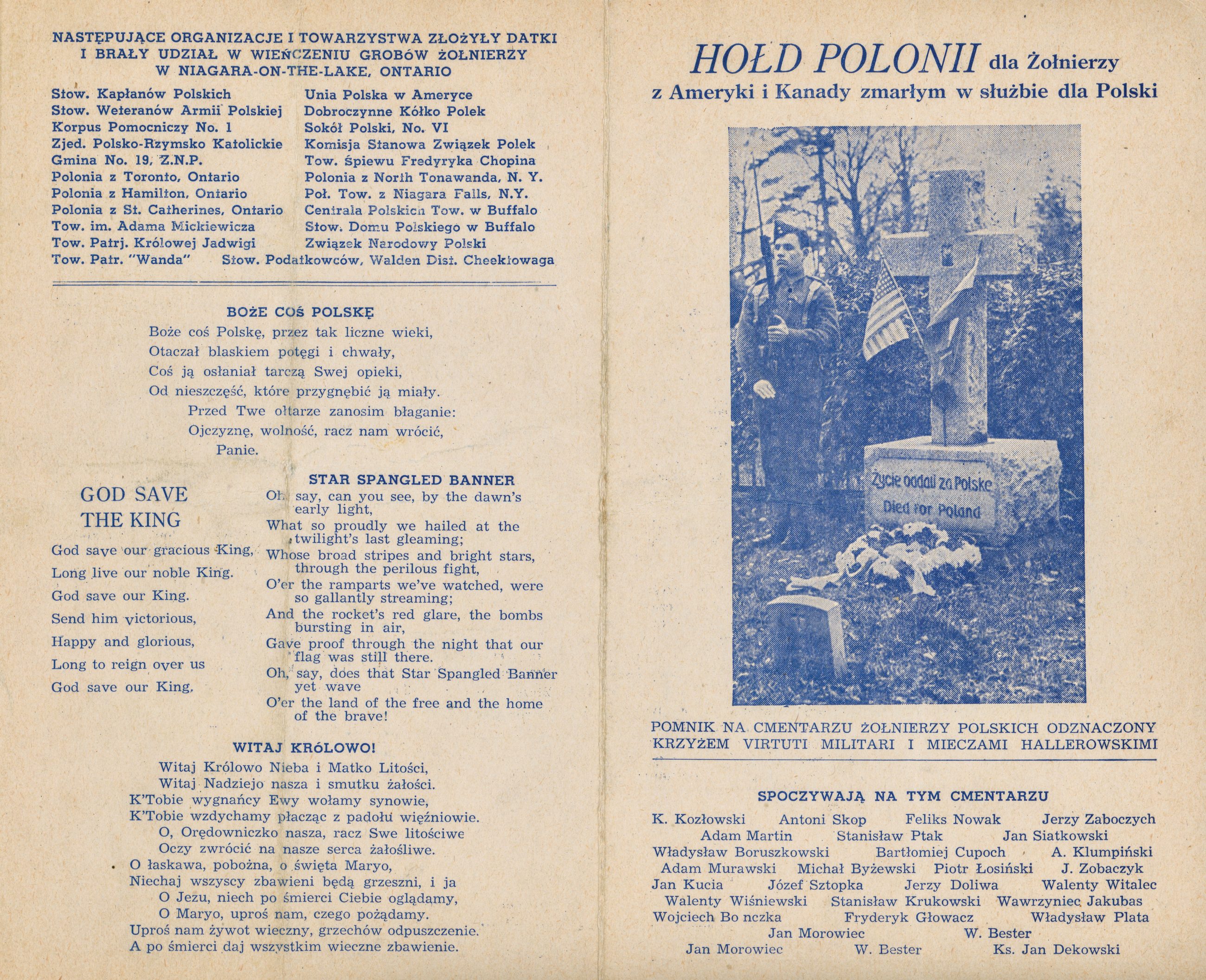 Kwatera polska na cmentarzu St. Vincent de Paul w Niagara-on-the-Lake. Czterdziestu jeden żołnierzy zmarło w obozie, większość z nich podczas epidemii grypy w 1918 roku, i nigdy nie wypłynęło do Francji. Na krzyżu widnieje napis „Died for Poland” — „Zginęli za Polskę”.