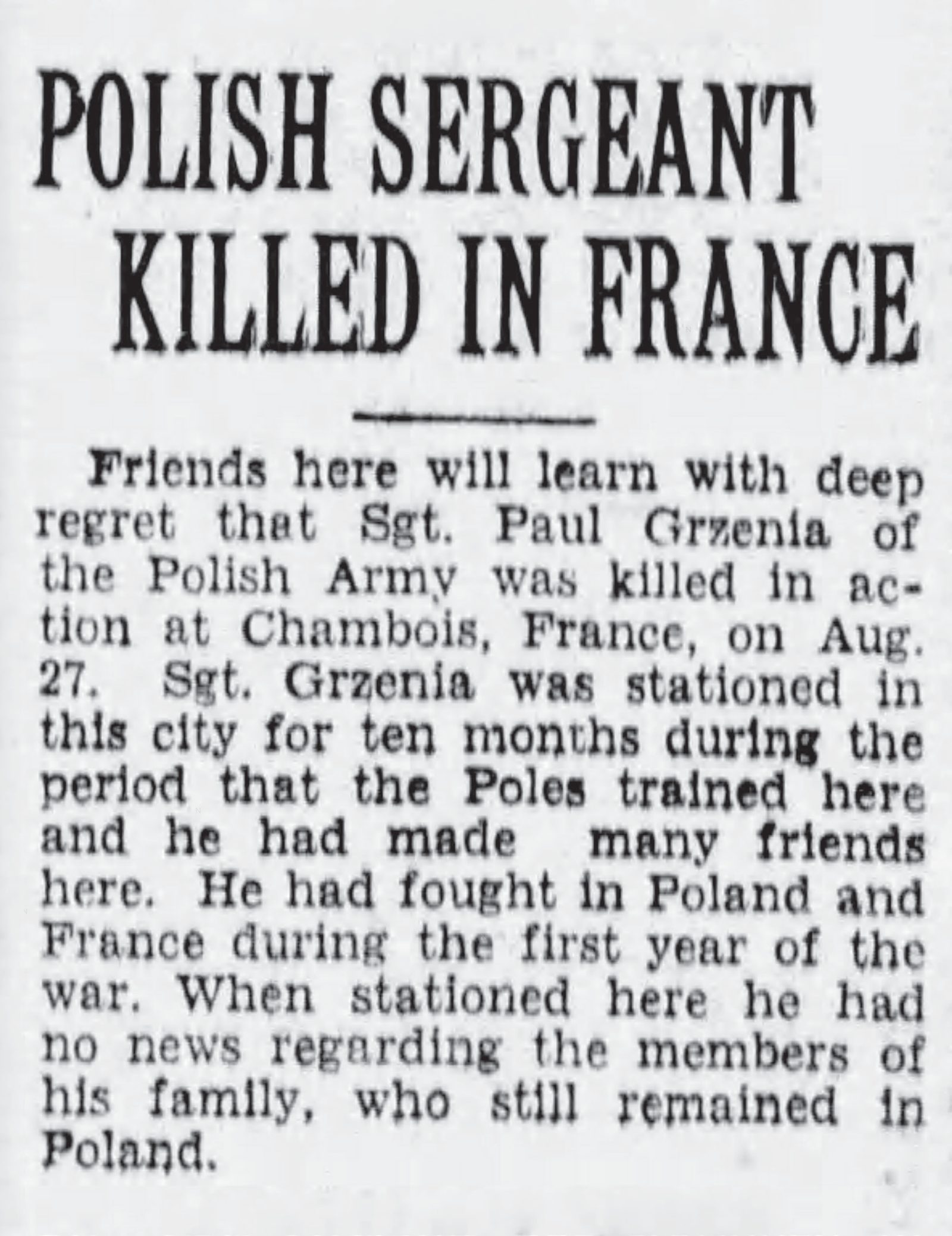 „Polski sierż. poległ we Francji”. Gazeta „Sun Times” z Owen Sound zamieściła nekrolog Pawła Grzeni, taki sam, jaki drukowano dla kanadyjskich mieszkańców.